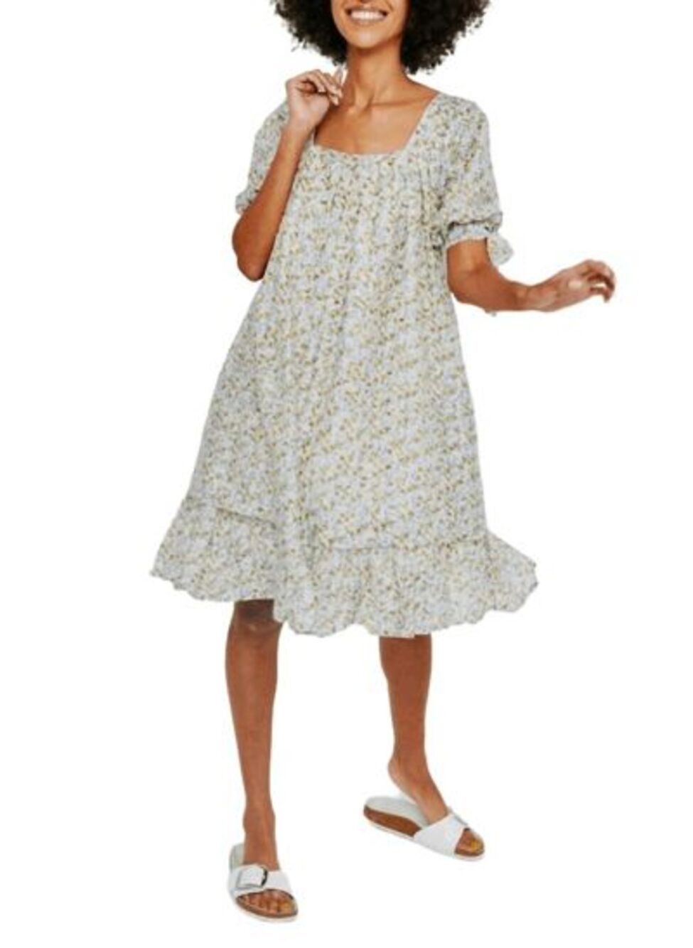 Mirth Sandstone Blue Floral Pueblo Short Sleeve Dress Women's Size Large